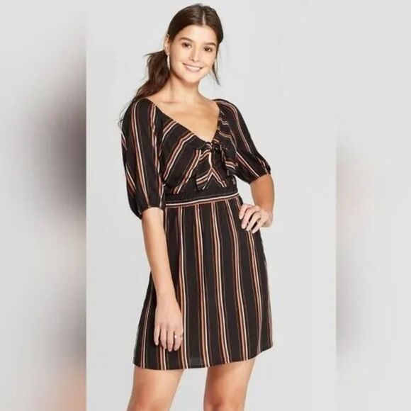 🎁$6 Bundled 🎁Striped Black  Tan Mini Everyday Women's Dress Sz XL Has Stretch - Picture 3 of 7